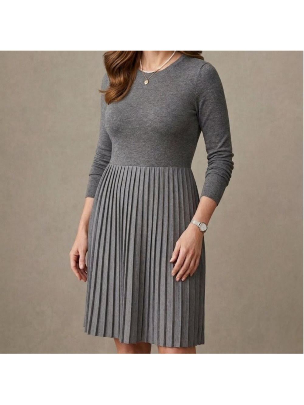 Women's Three Dots Gray Long Sleeve Pleated Midi Dress S